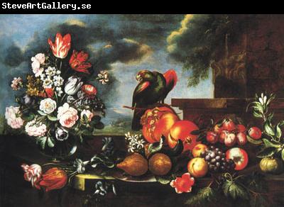 unknow artist Flowers, Fruit and a parrot